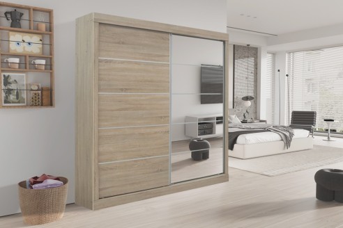 Armoire 'Mike' 2 Porte Coulissante, 1 Porte Miroir Sonoma