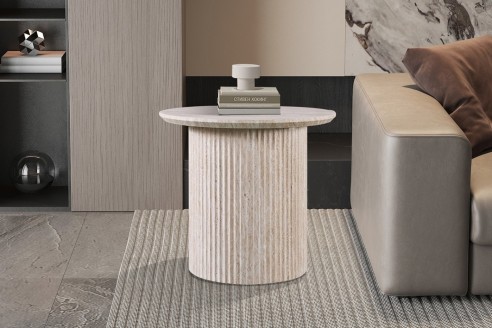Table basse 'Lagos' 50 cm Ronde Décor Travertin Beige