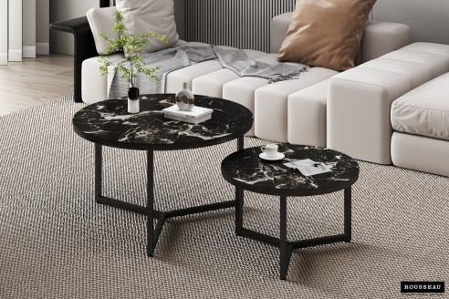 Table basse 'Ravenna' set de 2 Pierre Aspect marbre Noir