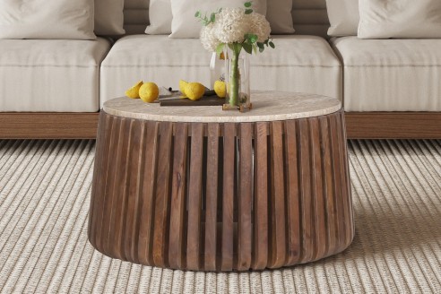 Table basse 'Luuk' 70 cm Bois de manguier avec Travertin Rond Beige