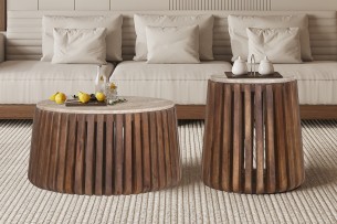 Table basse 'Luuk' 70 cm Bois de manguier avec Travertin Rond Beige