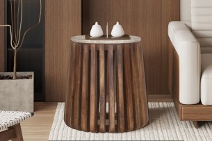 Table d'appoint 'Luuk' 40 cm Bois de manguier avec Travertin Rond Beige
