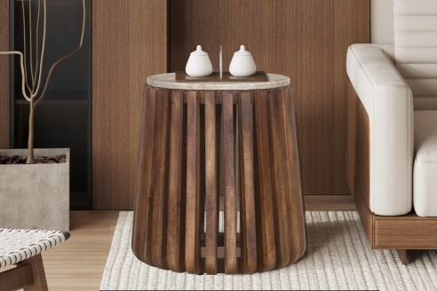 Table d'appoint 'Luuk' 40 cm Bois de manguier avec Travertin Rond Beige