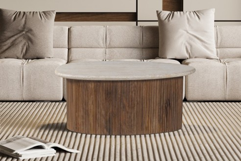 Table basse 'Louis' 90 cm Bois de manguier avec Travertin Beige