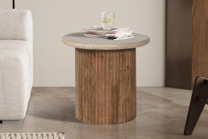 Table d'appoint 'Louis' 50 cm Bois de manguier avec Travertin Beige
