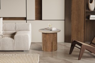 Table d'appoint 'Louis' 50 cm Bois de manguier avec Travertin Beige