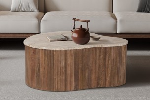 Table basse 'Paul' 83 cm Bois de manguier avec Travertin Beige