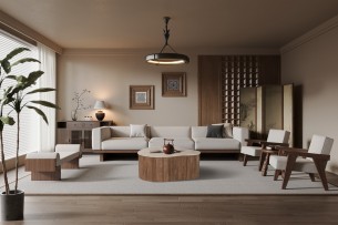 Table basse 'Paul' 83 cm Bois de manguier avec Travertin Beige