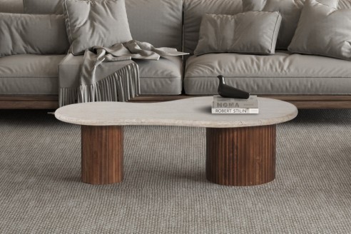 Table basse 'Marlon' 120 cm Bois de manguier avec Travertin Beige