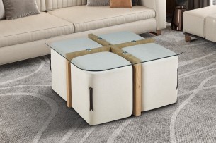 Table basse 'Shana' avec 4 poufs tissu Décor Chêne vieilli
