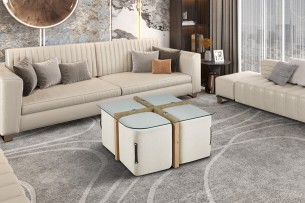 Table basse 'Shana' avec 4 poufs tissu Décor Chêne vieilli