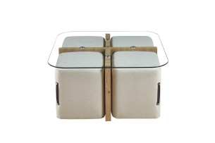 Table basse 'Shana' avec 4 poufs tissu Décor Chêne vieilli